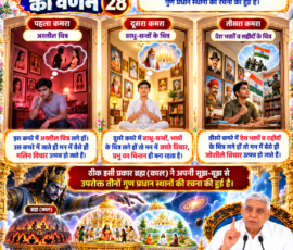 लाइट कलर और आकर्षक 3D आध्यात्मिक Instagram पोस्ट, जिसमें सृष्टि रचना के 28वें भाग में तीन अलग-अलग कमरों के उदाहरण द्वारा मन पर वातावरण और चित्रों के प्रभाव को दर्शाया गया है। पोस्ट में पहले कमरे में अशोभनीय चित्रों से मलिन विचार, दूसरे कमरे में साधु-संतों और भक्तों के चित्रों से आध्यात्मिक चिंतन तथा तीसरे कमरे में देशभक्तों और शहीदों के चित्रों से जोशीले विचार उत्पन्न होने का वर्णन है; नीचे ब्रह्म (काल) द्वारा रजोगुण, सतोगुण और तमोगुण प्रधान स्थानों की रचना का प्रतीकात्मक चित्रण शामिल है।