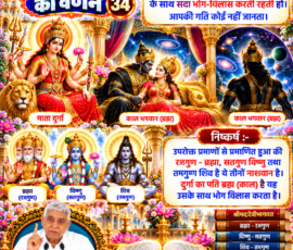 लाइट कलर और आकर्षक 3D आध्यात्मिक Instagram पोस्ट, जिसमें सृष्टि रचना के 34वें भाग में श्लोक 12 के हिंदी अनुवाद और दिए गए निष्कर्ष को प्रस्तुत किया गया है। पोस्ट में दुर्गा और काल-ब्रह्म से संबंधित वर्णन, रजोगुण-ब्रह्मा, सतोगुण-विष्णु और तमोगुण-शिव का उल्लेख, तीनों के नाशवान होने संबंधी कथन, पवित्र ग्रंथ, दिव्य ब्रह्माण्डीय दृश्य और संत रामपाल जी महाराज का चित्र शामिल है।
