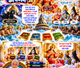 लाइट कलर और आकर्षक 3D आध्यात्मिक Instagram पोस्ट, जिसमें सृष्टि रचना के 38वें भाग में दिए गए वर्णन के अनुसार माता भवानी द्वारा तीनों पुत्रों को सागर मंथन करने के लिए कहने तथा प्रथम सागर मंथन से चारों वेदों के प्रकट होने का प्रसंग दर्शाया गया है। पोस्ट में ज्योति निरंजन, माता भवानी, ब्रह्मा, विष्णु और महेश के चित्र, ऋग्वेद, यजुर्वेद, सामवेद और अथर्ववेद के प्रतीकात्मक ग्रंथ, ब्रह्मा द्वारा वेद ग्रहण करने तथा माता द्वारा उन्हें पढ़ने का निर्देश देने का वर्णन शामिल है।