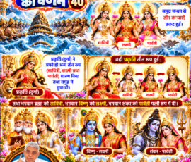लाइट कलर और आकर्षक 3D आध्यात्मिक Instagram पोस्ट, जिसमें सृष्टि रचना के 40वें भाग में दूसरी बार सागर मंथन से तीन कन्याओं के प्रकट होने का वर्णन प्रस्तुत किया गया है। पोस्ट में प्रकृति (दुर्गा) द्वारा सावित्री, लक्ष्मी और पार्वती के तीन रूप धारण करने, समुद्र से उनके प्रकट होने तथा दिए गए वर्णन के अनुसार ब्रह्मा के साथ सावित्री, विष्णु के साथ लक्ष्मी और शंकर के साथ पार्वती के पत्नी रूप में जुड़ने का प्रतीकात्मक चित्रण शामिल है।