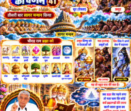 लाइट कलर और आकर्षक 3D आध्यात्मिक Instagram पोस्ट, जिसमें सृष्टि रचना के 41वें भाग में तीसरी बार सागर मंथन, सुर और असुरों के उत्पन्न होने तथा चौदह रत्न, अमृत, मद्य और विष से संबंधित दिए गए वर्णन को प्रस्तुत किया गया है। पोस्ट में ब्रह्मा द्वारा वेद पढ़ने के दौरान सर्व ब्रह्माण्डों की रचना करने वाले किसी अन्य कुल के मालिक पुरुष (प्रभु) का उल्लेख मिलने का प्रसंग, सागर मंथन का दृश्य, देवी-देवताओं और असुरों के चित्र, चौदह रत्नों के प्रतीक, पवित्र ग्रंथ तथा संत रामपाल जी महाराज का चित्र शामिल है।
