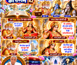 लाइट कलर और आकर्षक 3D आध्यात्मिक Instagram पोस्ट, जिसमें सृष्टि रचना के 42वें भाग में दिए गए वर्णन के अनुसार ब्रह्मा द्वारा विष्णु और शंकर को वेदों में वर्णित सृजनहार के संबंध में बताने तथा तत्वदर्शी संत से पूछने के संकेत का प्रसंग प्रस्तुत किया गया है। पोस्ट में ब्रह्मा का माता प्रकृति (दुर्गा) के पास जाकर संवाद करना, माता द्वारा स्वयं को कर्ता और सर्वशक्तिमान बताना तथा ब्रह्मा द्वारा वेदों को ईश्वर-कृत मानने का कथन शामिल है; साथ में वेद, ब्रह्मा-विष्णु-शंकर, माता दुर्गा, दिव्य ब्रह्माण्डीय दृश्य, पवित्र ग्रंथ और संत रामपाल जी महाराज का चित्र दर्शाया गया है।
