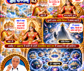 लाइट कलर और आकर्षक 3D आध्यात्मिक Instagram पोस्ट, जिसमें सृष्टि रचना के 43वें भाग में दिए गए वर्णन के अनुसार ब्रह्मा द्वारा उस पुरुष (प्रभु) का पता लगाने का संकल्प और दुर्गा के साथ उनका संवाद प्रस्तुत किया गया है। पोस्ट में ज्योति निरंजन द्वारा अव्यक्त रहने और किसी को अपने वास्तविक रूप में दर्शन न देने की प्रतिज्ञा, 21 ब्रह्माण्डों का प्रतीकात्मक दृश्य, ब्रह्मा, दुर्गा और ज्योति निरंजन के चित्र तथा संत रामपाल जी महाराज का चित्र शामिल है।