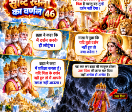 लाइट कलर और आकर्षक 3D आध्यात्मिक Instagram पोस्ट, जिसमें सृष्टि रचना के 46वें भाग में दिए गए वर्णन के अनुसार दुर्गा द्वारा ब्रह्मा को अलख निरंजन को उनका पिता बताए जाने तथा उसके दर्शन न देने की बात कही गई है। पोस्ट में ब्रह्मा द्वारा पिता के दर्शन करने का संकल्प, दुर्गा के साथ संवाद और ब्रह्मा का उत्तर दिशा की ओर अंधकारमय क्षेत्र में जाने का प्रतीकात्मक दृश्य दिखाया गया है।