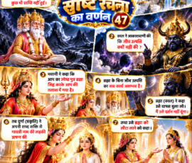 लाइट कलर और आकर्षक 3D आध्यात्मिक Instagram पोस्ट, जिसमें सृष्टि रचना के 47वें भाग में दिए गए वर्णन के अनुसार ब्रह्मा द्वारा चार युग तक ध्यान करने, काल द्वारा जीव उत्पत्ति के विषय में पूछे जाने तथा दुर्गा द्वारा ब्रह्मा के वापस न आने की बात बताने का प्रसंग दर्शाया गया है। पोस्ट में काल द्वारा ब्रह्मा को वापस बुलाने का निर्देश, दुर्गा की शब्द शक्ति से गायत्री नाम की कन्या की उत्पत्ति और उसे ब्रह्मा को वापस लाने के लिए भेजने का प्रतीकात्मक चित्रण शामिल है।