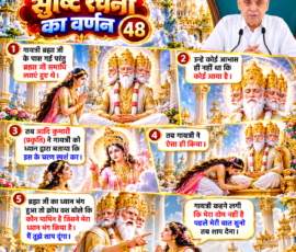 लाइट कलर और आकर्षक 3D आध्यात्मिक Instagram पोस्ट, जिसमें सृष्टि रचना के 48वें भाग में दिए गए वर्णन के अनुसार गायत्री का ब्रह्मा जी के पास जाना, ब्रह्मा जी का समाधि में होना, आदि कुमारी (प्रकृति) द्वारा गायत्री को ध्यान के माध्यम से चरण स्पर्श करने का निर्देश देना तथा ब्रह्मा जी के ध्यान भंग होने पर क्रोधित होने का प्रसंग दर्शाया गया है। पोस्ट में गायत्री द्वारा अपना दोष न होने की बात कहकर पहले उसकी बात सुनने का अनुरोध, दिव्य मंदिर पृष्ठभूमि और ऊपर दाईं ओर दिए गए व्यक्ति का चित्र शामिल है।