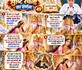 लाइट कलर और आकर्षक 3D आध्यात्मिक Instagram पोस्ट, जिसमें सृष्टि रचना के 49वें भाग में दिए गए वर्णन के अनुसार गायत्री द्वारा ब्रह्मा को वापस लौटने के लिए समझाने, ब्रह्मा द्वारा पिता के दर्शन न होने के कारण संकोच व्यक्त करने तथा गायत्री द्वारा झूठी गवाही देने की शर्त रखने का प्रसंग दर्शाया गया है। पोस्ट में ब्रह्मा और गायत्री के संवाद को प्रतीकात्मक एवं गैर-ग्राफिक रूप में प्रस्तुत किया गया है। ऊपर दाईं ओर दिए गए व्यक्ति का चित्र, पवित्र ग्रंथ, दिव्य मंदिर, बादल और सुनहरी 3D सजावट भी शामिल है।