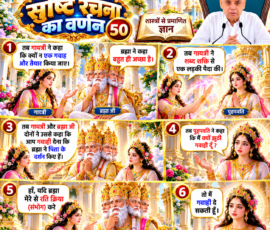 लाइट कलर और आकर्षक 3D आध्यात्मिक Instagram पोस्ट, जिसमें सृष्टि रचना के 50वें भाग में दिए गए वर्णन के अनुसार गायत्री द्वारा एक गवाह तैयार करने का सुझाव, ब्रह्मा की सहमति, शब्द शक्ति से पुष्पवती नाम की कन्या की उत्पत्ति तथा उसे गवाही देने के लिए कहने का प्रसंग प्रस्तुत किया गया है। पोस्ट में पुष्पवती द्वारा झूठी गवाही देने पर प्रश्न उठाना और गवाही के लिए रखी गई शर्त का उल्लेख, दिव्य मंदिर पृष्ठभूमि, पवित्र ग्रंथ तथा ऊपर दाईं ओर दिए गए व्यक्ति का चित्र शामिल है।