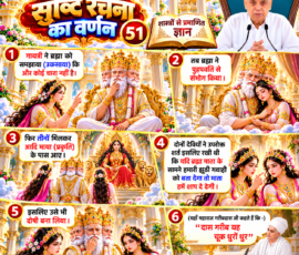 लाइट कलर और आकर्षक 3D आध्यात्मिक Instagram पोस्ट, जिसमें सृष्टि रचना के 51वें भाग में दिए गए वर्णन के अनुसार गायत्री द्वारा ब्रह्मा को समझाने, ब्रह्मा और पुष्पवती के प्रसंग तथा तीनों के आदि माया (प्रकृति) के पास जाने का वर्णन प्रस्तुत किया गया है। पोस्ट में दोनों देवियों द्वारा शर्त रखने और ब्रह्मा को भी इस प्रसंग में दोषी बनाए जाने की व्याख्या तथा महाराज गरीबदास जी के कथन “दास गरीब यह चूक धुरों धुर” को दर्शाया गया है। पोस्ट में दिव्य मंदिर, सुनहरी 3D सजावट, पवित्र ग्रंथ और ऊपर दाईं ओर दिए गए व्यक्ति का चित्र शामिल है।