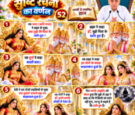 लाइट कलर और आकर्षक 3D आध्यात्मिक Instagram पोस्ट, जिसमें सृष्टि रचना के 52वें भाग में दिए गए वर्णन के अनुसार आदि माया (प्रकृति) द्वारा ब्रह्मा से उनके पिता के दर्शन के बारे में पूछना, ब्रह्मा द्वारा दर्शन होने की बात कहना तथा साक्षी प्रस्तुत करने का प्रसंग दर्शाया गया है। पोस्ट में दोनों लड़कियों द्वारा अपने सामने दर्शन होने की गवाही देने और भवानी (प्रकृति) के मन में यह संशय उत्पन्न होने का दृश्य शामिल है कि ब्रह्म ने किसी को दर्शन न देने की बात कही थी, जबकि यहाँ दर्शन होने का दावा किया जा रहा है; साथ में दिव्य मंदिर, पवित्र ग्रंथ और ऊपर दाईं ओर दिए गए व्यक्ति का चित्र भी है।