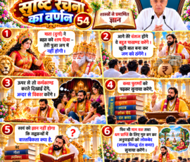 लाइट कलर और आकर्षक 3D आध्यात्मिक Instagram पोस्ट, जिसमें “सृष्टि रचना का वर्णन 54” शीर्षक के साथ दिए गए वर्णन के अनुसार दुर्गा द्वारा ब्रह्मा को शाप देने तथा उनके वंशजों द्वारा पाखंड, कर्मकांड, लोकवेद और धन-मान की इच्छा से संबंधित प्रसंग दर्शाया गया है। पोस्ट में धार्मिक पात्र, पवित्र ग्रंथ, कथा सुनाने का दृश्य, दर्शक, मंदिर की भव्य पृष्ठभूमि और ऊपर दाईं ओर दिए गए व्यक्ति का चित्र शामिल है।