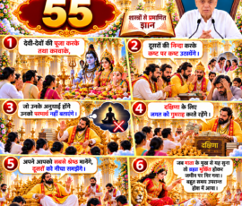 लाइट कलर और आकर्षक 3D आध्यात्मिक Instagram पोस्ट, जिसमें “55” को मुख्य शीर्षक के रूप में दिखाया गया है। पोस्ट में दिए गए वर्णन के अनुसार देवी-देवताओं की पूजा, दूसरों की निन्दा, अनुयायियों को परमार्थ ज्ञान न बताने, दक्षिणा के लिए गुमराह करने और स्वयं को श्रेष्ठ मानने के प्रसंग दर्शाए गए हैं; अंतिम दृश्य में माता के मुख से यह सुनकर ब्रह्मा के मूर्छित होकर भूमि पर गिरने और बाद में होश में आने का चित्रण है।