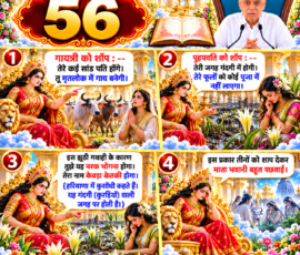 लाइट कलर और आकर्षक 3D आध्यात्मिक Instagram पोस्ट, जिसमें “56” को मुख्य रूप से दर्शाया गया है। दिए गए वर्णन के अनुसार गायत्री को शाप देकर मृतलोक में गाय बनने का प्रसंग, पुष्पवती को शाप और केवड़ा-केतकी नाम से संबंधित वर्णन, हरियाणा में कुसोंधी के उल्लेख तथा तीनों को शाप देने के बाद माता भवानी के पछताने का प्रसंग अलग-अलग 3D पैनलों में प्रस्तुत किया गया है। पोस्ट में दिव्य मंदिर, फूल, बादल, पवित्र ग्रंथ और ऊपर दाईं ओर दिए गए व्यक्ति का चित्र शामिल है।