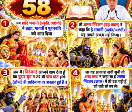 लाइट कलर और आकर्षक 3D आध्यात्मिक Instagram पोस्ट, जिसमें “58” को मुख्य रूप से दर्शाया गया है। दिए गए वर्णन के अनुसार आदि भवानी (प्रकृति, अष्टंगी) द्वारा ब्रह्मा, गायत्री और पुहपवति को शाप दिए जाने, अलख निरंजन (ब्रह्म-काल) द्वारा भवानी को शाप देने तथा द्वापर युग में पाँच पति होने के कथन का प्रसंग प्रस्तुत किया गया है। पोस्ट में द्रोपदी को आदिमाया के अवतार के रूप में बताए गए वर्णन और आकाशवाणी सुनने के बाद आदि माया द्वारा ज्योति निरंजन के प्रति अपनी स्थिति व्यक्त करने का प्रसंग भी दर्शाया गया है।