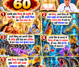 लाइट कलर और आकर्षक 3D आध्यात्मिक Instagram पोस्ट, जिसमें “60” को मुख्य रूप से दर्शाया गया है। दिए गए वर्णन के अनुसार प्रकृति द्वारा विष्णु को अपने पिता काल (ब्रह्म) का पता लगाने के लिए कहना, विष्णु का पाताल लोक जाना, शेषनाग द्वारा अपनी सीमा में प्रवेश करने पर क्रोधित होकर विष भरी फुंकार मारना, विष के प्रभाव से विष्णु का रंग सांवला होने तथा विष्णु द्वारा नाग को सबक सिखाने की इच्छा करने का प्रसंग अलग-अलग 3D पैनलों में प्रस्तुत किया गया है।