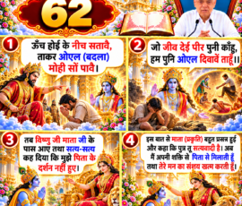 लाइट कलर और आकर्षक 3D आध्यात्मिक Instagram पोस्ट, जिसमें “62” को मुख्य रूप से दर्शाया गया है। दिए गए वर्णन के अनुसार ऊँच होकर नीच को सताने पर बदला मिलने तथा किसी जीव को पीड़ा देने पर उसका प्रतिफल मिलने वाले दोहों को प्रस्तुत किया गया है। आगे विष्णु द्वारा माता प्रकृति के पास जाकर पिता के दर्शन न होने की बात सत्य-सत्य बताने और माता द्वारा उन्हें सत्यवादी कहकर अपनी शक्ति से पिता से मिलाने तथा उनके मन का संशय दूर करने की बात का 3D दृश्यात्मक चित्रण किया गया है।