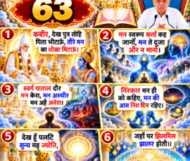 लाइट कलर और आकर्षक 3D आध्यात्मिक Instagram पोस्ट, जिसमें “63” को मुख्य रूप से दर्शाया गया है। दिए गए पाठ के अनुसार कबीर द्वारा पुत्र को पिता से मिलाने और मन के धोखे को मिटाने का वर्णन, मन को कर्ता मानने, स्वर्ग-पाताल को मन से संबंधित बताने, मन की अस्थिरता तथा निराकार मन के उल्लेख को अलग-अलग 3D पैनलों में प्रस्तुत किया गया है। अंतिम पैनलों में शून्य में ज्योति और झिलमिलाती झालर वाले दिव्य दृश्य का प्रतीकात्मक चित्रण है।