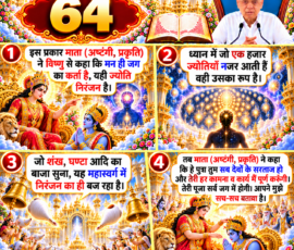 लाइट कलर और आकर्षक 3D आध्यात्मिक Instagram पोस्ट, जिसमें “64” को मुख्य रूप से दर्शाया गया है। दिए गए वर्णन के अनुसार माता अष्टंगी/प्रकृति द्वारा विष्णु को मन को जगत का कर्ता और ज्योति निरंजन के रूप में बताए जाने, ध्यान में दिखाई देने वाली हजार ज्योतियों के उल्लेख, शंख-घंटा आदि की ध्वनि को महास्वर्ग में निरंजन से संबंधित बताए जाने तथा विष्णु को देवताओं का सरताज और उनकी कामनाएँ पूर्ण करने का आश्वासन देने वाले प्रसंग को चार 3D पैनलों में प्रस्तुत किया गया है।