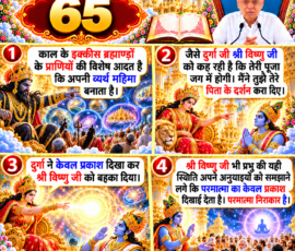 लाइट कलर और आकर्षक 3D आध्यात्मिक Instagram पोस्ट, जिसमें “65” को मुख्य रूप से दर्शाया गया है। दिए गए वर्णन के अनुसार काल के इक्कीस ब्रह्माण्डों के प्राणियों द्वारा अपनी महिमा बनाने, दुर्गा द्वारा विष्णु को प्रकाश दिखाकर उनके पिता के दर्शन कराने तथा विष्णु द्वारा परमात्मा के प्रकाश और निराकार स्वरूप से संबंधित बात अपने अनुयायियों को समझाने का प्रसंग चार 3D पैनलों में प्रस्तुत किया गया है। पोस्ट में दिव्य मंदिर, ब्रह्माण्डीय दृश्य, प्रकाशमय वातावरण, पवित्र ग्रंथ और आध्यात्मिक पात्रों का चित्रण शामिल है।