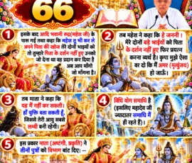 लाइट कलर और आकर्षक 3D आध्यात्मिक Instagram पोस्ट, जिसमें “66” को मुख्य रूप से दर्शाया गया है। दिए गए वर्णन के अनुसार आदि भवानी द्वारा रुद्र (महेश जी) को अपने पिता की खोज करने के लिए कहना, महेश जी द्वारा पिता के दर्शन न होने के कारण प्रयत्न को व्यर्थ बताना और मृत्युंजय होने का वर माँगना, माता द्वारा अमरता संभव न होने पर योग-समाधि के माध्यम से दीर्घ आयु की युक्ति बताना तथा अंत में माता अष्टंगी/प्रकृति द्वारा तीनों पुत्रों को विभाग बाँटने के प्रसंग को 3D पैनलों में प्रस्तुत किया गया है।