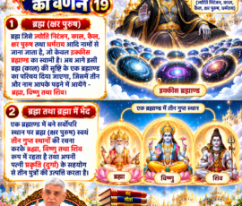 लाइट कलर और आकर्षक 3D आध्यात्मिक Instagram पोस्ट, जिसमें सृष्टि रचना के 19वें भाग में दिए गए वर्णन के अनुसार ब्रह्म (ज्योति निरंजन, काल, क्षर पुरुष आदि) तथा उसके इक्कीस ब्रह्माण्डों का परिचय दिखाया गया है। पोस्ट के दूसरे भाग में ब्रह्म और ब्रह्मा के भेद, तीन गुप्त स्थानों तथा ब्रह्मा, विष्णु और शिव के रूप में वर्णन को दर्शाया गया है; साथ में दिव्य ब्रह्माण्डीय दृश्य, आध्यात्मिक प्रकाश, पवित्र ग्रंथ और संत रामपाल जी महाराज का चित्र शामिल है।