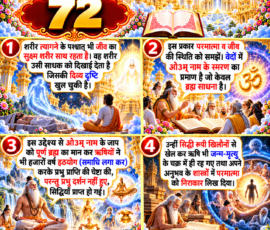 लाइट कलर और आकर्षक 3D आध्यात्मिक Instagram पोस्ट, जिसमें “72” को मुख्य रूप से दर्शाया गया है। दिए गए वर्णन के अनुसार शरीर त्यागने के बाद जीव के सूक्ष्म शरीर के साथ रहने, दिव्य दृष्टि से उसके दिखाई देने, वेदों में ॐ नाम के स्मरण और ब्रह्म साधना के उल्लेख, ऋषियों द्वारा हठयोग व समाधि के माध्यम से प्रभु प्राप्ति की चेष्टा तथा सिद्धियाँ प्राप्त होने के वर्णन को अलग-अलग 3D पैनलों में प्रस्तुत किया गया है। अंतिम भाग में सिद्धियों में आसक्ति, जन्म-मृत्यु के चक्र और परमात्मा को निराकार लिखे जाने से संबंधित दिए गए वर्णन को दर्शाया गया है।