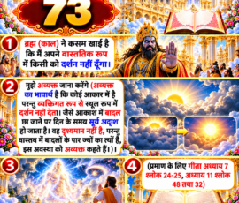 लाइट कलर और आकर्षक 3D आध्यात्मिक Instagram पोस्ट, जिसमें “73” को मुख्य रूप से दर्शाया गया है। दिए गए वर्णन के अनुसार ब्रह्म (काल) द्वारा अपने वास्तविक रूप में किसी को दर्शन न देने की बात, “अव्यक्त” शब्द के अर्थ को बादलों के पीछे छिपे सूर्य के उदाहरण से समझाने का प्रसंग तथा गीता अध्याय 7 के श्लोक 24-25 और अध्याय 11 के श्लोक 48 व 32 को प्रमाण के रूप में दिए जाने का उल्लेख 3D पैनलों में प्रस्तुत किया गया है।