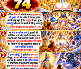 लाइट कलर और आकर्षक 3D आध्यात्मिक Instagram पोस्ट, जिसमें “74” को मुख्य रूप से दर्शाया गया है। दिए गए पाठ के अनुसार गीता अध्याय 11 के श्लोक 32 और 48 तथा अध्याय 7 के श्लोक 24-25 के संदर्भ में काल के स्वरूप, उसके वास्तविक रूप, योगमाया से छिपे रहने तथा कृष्ण रूप के संबंध में प्रस्तुत व्याख्या को तीन बड़े 3D पैनलों में दर्शाया गया है। पोस्ट में दिव्य ब्रह्माण्डीय दृश्य, गीता का खुला ग्रंथ, आध्यात्मिक प्रकाश और अर्जुन-कृष्ण से संबंधित प्रतीकात्मक दृश्य शामिल हैं।