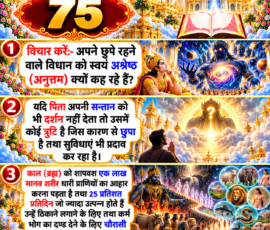 लाइट कलर और आकर्षक 3D आध्यात्मिक Instagram पोस्ट, जिसमें “75” को मुख्य रूप से दर्शाया गया है। दिए गए वर्णन के अनुसार छुपे रहने वाले विधान को “अनुत्तम” कहने पर विचार, पिता द्वारा अपनी संतान को दर्शन न देने से जुड़ा प्रश्न, काल (ब्रह्म) के शापवश एक लाख मानव शरीरधारी प्राणियों के आहार का उल्लेख तथा प्रतिदिन अधिक उत्पन्न होने वाले जीवों और कर्मभोग के दंड के लिए चौरासी लाख योनियों की रचना से संबंधित वर्णन को तीन प्रमुख 3D पैनलों में प्रस्तुत किया गया है।