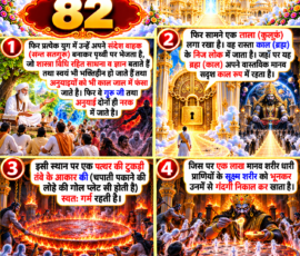 लाइट कलर और आकर्षक 3D आध्यात्मिक Instagram पोस्ट, जिसमें “82” को मुख्य रूप से दर्शाया गया है। दिए गए वर्णन के अनुसार प्रत्येक युग में संदेशवाहक संत सतगुरुओं को पृथ्वी पर भेजने, शास्त्र-विधि रहित साधना और ज्ञान के कारण अनुयायियों के काल-जाल में फँसने तथा गुरु और अनुयायियों के नरक में जाने का वर्णन प्रस्तुत किया गया है। पोस्ट में काल के निज लोक तक जाने वाले ताले लगे मार्ग, काल के मानव-सदृश रूप तथा तवे के आकार की गर्म पत्थर की पट्टी से संबंधित दिए गए वर्णन को प्रतीकात्मक 3D दृश्यों में दिखाया गया है।