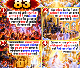 लाइट कलर और आकर्षक 3D आध्यात्मिक Instagram पोस्ट, जिसमें “83” को मुख्य रूप से दर्शाया गया है। दिए गए वर्णन के अनुसार जीवों द्वारा पीड़ा अनुभव करने, बेहोश होने के बाद धर्मराय के लोक में कर्मों के आधार पर अन्य जन्म प्राप्त करने और जन्म-मृत्यु के चक्र का उल्लेख किया गया है। पोस्ट के आगे के पैनलों में ब्रह्म (काल) के ताले, पूर्ण परमात्मा के सत्यनाम व सारनाम से ताला खुलने तथा कविर्देव (कबीर साहेब) द्वारा धर्मदास जी को काल के जाल की व्याख्या करने का वर्णन दृश्यात्मक रूप में प्रस्तुत किया गया है।