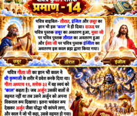 Shastra Images लाइट कलर और आकर्षक 3D आध्यात्मिक Instagram पोस्ट, जिसमें “पवित्र कुरान शरीफ प्रमाण - 14” मुख्य रूप से दर्शाया गया है। पोस्ट में दिए गए पाठ के अनुसार तौरात, इंजिल और ज़बूर से संबंधित वर्णन तथा दाऊद, मूसा और ईसा जी के संदर्भों को पवित्र पुस्तकों के साथ प्रस्तुत किया गया है। नीचे गीता अध्याय 11 श्लोक 32 में ‘काल’ के उल्लेख, श्री कृष्ण के शरीर में प्रवेश और अर्जुन को विकराल रूप दिखाने से संबंधित दिए गए वर्णन को दिव्य 3D दृश्य, रथ, अर्जुन, श्री कृष्ण और पवित्र गीता के साथ दर्शाया गया है। पोस्ट में स्वर्णिम मंदिर, प्रकाश, बादल और सजावटी आध्यात्मिक तत्व शामिल हैं।
