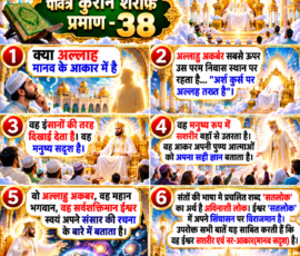 Shastra Images लाइट कलर और आकर्षक 3D आध्यात्मिक Instagram पोस्ट, जिसमें “पवित्र कुरान शरीफ प्रमाण - 38” शीर्षक के साथ दिए गए पाठ में अल्लाह के स्वरूप, अर्श-कुर्स, मानव-सदृश स्वरूप, सशरीर होने तथा सतलोक और अविनाशी लोक से संबंधित वर्णन को छह दृश्यात्मक पैनलों में प्रस्तुत किया गया है। पोस्ट में पवित्र कुरान, स्वर्णिम आध्यात्मिक वास्तुकला, दिव्य प्रकाश, बादल और श्रद्धालुओं के प्रतीकात्मक दृश्य शामिल हैं।