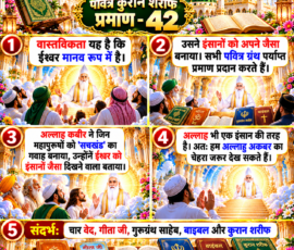 Shastra Images लाइट कलर और आकर्षक 3D आध्यात्मिक Instagram पोस्ट, जिसमें “पवित्र कुरान शरीफ प्रमाण - 42” के अंतर्गत दिए गए पाठ को पाँच विज़ुअल पैनलों में प्रस्तुत किया गया है। पोस्ट में ईश्वर के मानव रूप के संबंध में दिए गए वर्णन, इंसानों को अपने जैसा बनाए जाने के दावे, सचखंड के गवाहों के संदर्भ तथा अल्लाह कबीर और अल्लाहु अकबर के स्वरूप से संबंधित कथन दिखाए गए हैं। नीचे चार वेद, गीता जी, गुरुग्रंथ साहेब, बाइबल और कुरान शरीफ को संदर्भ के रूप में दर्शाया गया है।