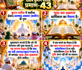 Shastra Images लाइट कलर और आकर्षक 3D इस्लामिक आध्यात्मिक Instagram पोस्ट, जिसमें “पवित्र कुरान शरीफ प्रमाण-43” मुख्य रूप से दर्शाया गया है। पोस्ट में कुरान शरीफ, मस्जिद की सुनहरी वास्तुकला, खुले पवित्र ग्रंथ और चार क्रमबद्ध पैनलों के माध्यम से दिए गए पाठ में वर्णित सर्वोच्च ईश्वर/अल्लाहु अकबर (कबीर), सूरह-अल-इखलास को धार्मिकता के पैमाने के रूप में प्रस्तुत करने तथा सर्वशक्तिमान ईश्वर और मुक्ति से संबंधित वर्णन को दर्शाया गया है।