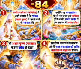 प्रीमियम रंगीन 3D आध्यात्मिक Instagram infographic, जिसमें “सृष्टि रचना का वर्णन - 84” को दर्शाया गया है। चार पैनलों में दिए गए पाठ के अनुसार परब्रह्म (अक्षर पुरुष) के मानसरोवर में सोने, परमेश्वर द्वारा सरोवर में अण्डा छोड़ने, अण्डे को क्रोध से देखने और सात संख ब्रह्माण्डों सहित सतलोक से बाहर किए जाने के प्रसंग का प्रतीकात्मक चित्रण है। डिजाइन में स्वर्णिम मंदिर, मानसरोवर, कमल, दिव्य प्रकाश और ब्रह्माण्डीय दृश्य शामिल हैं।