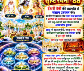 लाइट कलर और आकर्षक 3D आध्यात्मिक Instagram पोस्ट, जिसमें “सृष्टि रचना - 88” के अंतर्गत ईश्वरी देवी की सहमति से संतान उत्पन्न होने, परब्रह्म के लोक यानी सात संख ब्रह्माण्डों में प्राणियों के जीवन, पशु-पक्षियों के चरित्र, लंबी आयु, जन्म-मृत्यु और कर्माधार पर कर्मदण्ड का वर्णन प्रस्तुत किया गया है। पोस्ट में परब्रह्म (अक्षर पुरुष), ईश्वरी देवी, सात संख ब्रह्माण्ड, स्वर्ग-नरक तथा ब्रह्माण्डीय गोलाकार परिधि के 3D दृश्य शामिल हैं।