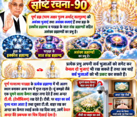लाइट कलर और आकर्षक 3D आध्यात्मिक Instagram पोस्ट, जिसमें “सृष्टि रचना - 90” के अंतर्गत पूर्ण ब्रह्म (परम अक्षर पुरुष अर्थात् सतपुरुष), असंख्य भुजाओं और कलाओं, ब्रह्म के इक्कीस ब्रह्माण्ड, परब्रह्म के सात संख ब्रह्माण्ड तथा असंख्य ब्रह्माण्डों से संबंधित दिए गए पाठ को बड़े और स्पष्ट हिंदी टेक्स्ट में प्रस्तुत किया गया है। पोस्ट में अनेक ब्रह्माण्डों, दिव्य स्वरूप, प्रकाशमय लोक तथा कैमरा और टीवी के उदाहरण को दर्शाने वाले 3D दृश्य शामिल हैं।