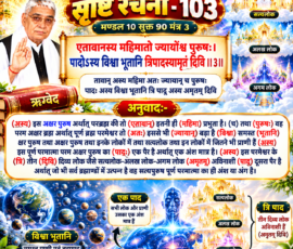 लाइट कलर और आकर्षक 3D आध्यात्मिक Instagram पोस्ट, जिसमें “सृष्टि रचना - 103” के अंतर्गत मण्डल 10, सूक्त 90, मंत्र 3 का संस्कृत मंत्र, उसका पाठ और दिया गया हिंदी अनुवाद प्रस्तुत किया गया है। पोस्ट में अक्षर पुरुष, परम अक्षर ब्रह्म, क्षर पुरुष, विभिन्न लोकों तथा सत्यलोक, अलख लोक और अगम लोक को दर्शाने वाले प्रतीकात्मक ब्रह्मांडीय 3D दृश्य शामिल हैं।