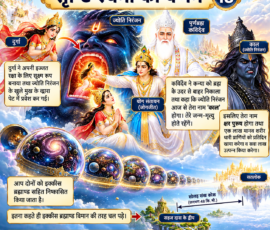 सृष्टि रचना का वर्णन 18 का आध्यात्मिक 3D चित्र, जिसमें दुर्गा, ज्योति निरंजन, पूर्णब्रह्म कविर्देव और योग संतायन का चित्रण तथा इक्कीस ब्रह्माण्डों के निष्कासन और सतलोक की ओर जाने का दृश्य दिखाया गया है।
