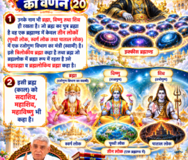 लाइट कलर और आकर्षक 3D आध्यात्मिक Instagram पोस्ट, जिसमें सृष्टि रचना के 20वें भाग में दिए गए वर्णन के अनुसार ब्रह्म (काल), ब्रह्मा, विष्णु और शिव से संबंधित विवरण प्रस्तुत किया गया है। पोस्ट में त्रिलोकीय ब्रह्मा के अंतर्गत पृथ्वी लोक, स्वर्ग लोक और पाताल लोक, महाब्रह्मा तथा ब्रह्मलोकिय ब्रह्मा का उल्लेख, साथ ही सदाशिव, महाशिव और महाविष्णु नामों का वर्णन, दिव्य ब्रह्माण्डीय दृश्य, पवित्र ग्रंथ और संत रामपाल जी महाराज का चित्र शामिल है।