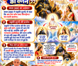 लाइट कलर और आकर्षक 3D आध्यात्मिक Instagram पोस्ट, जिसमें सृष्टि रचना के 22वें भाग में दिए गए वर्णन के अनुसार काल (ब्रह्म/ज्योति निरंजन) और प्रकृति (दुर्गा) के बीच संवाद प्रस्तुत किया गया है। पोस्ट में पूर्ण परमात्मा (कविर्देव) की वचन शक्ति, काल और प्रकृति की उत्पत्ति, पवित्र नातों का उल्लेख, प्रकृति की प्रार्थना तथा ज्योति निरंजन द्वारा उसकी विनय न सुनने और सतलोक से निष्कासन का वर्णन, साथ में दिव्य ब्रह्माण्डीय दृश्य, पवित्र ग्रंथ और संत रामपाल जी महाराज का चित्र शामिल है।